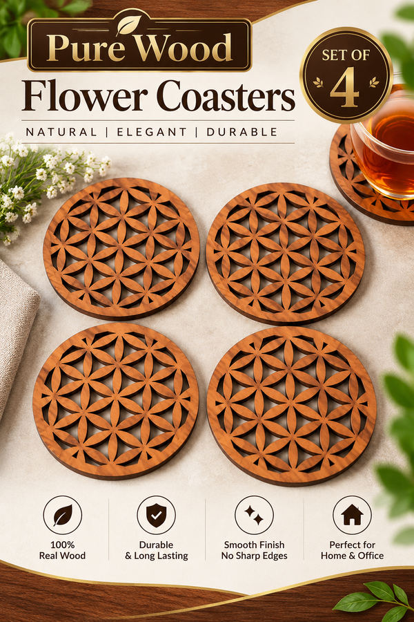 GeoBloom Pure Wood Coasters – Laser Cut Floral Design | Set of 4