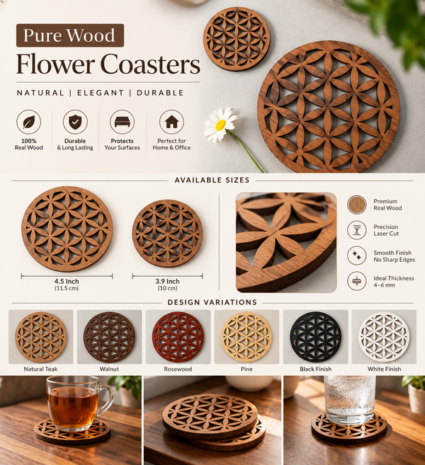 GeoBloom Pure Wood Coasters – Laser Cut Floral Design | Set of 4