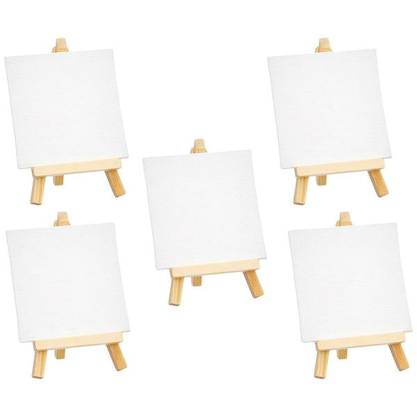 Mini Wooden Display Easel Tripod Stand and Canvas Panels (4x4 inches) | Acid-Free | MDF Board | Anti-Fungal | for Oil & Acrylic Painting (Set of 5)