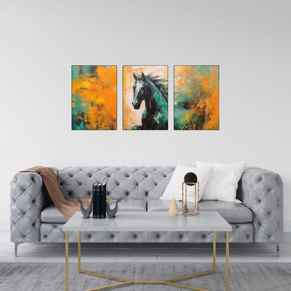 Triptych-flower-horse-feather-geometry-gold-element-three-figure