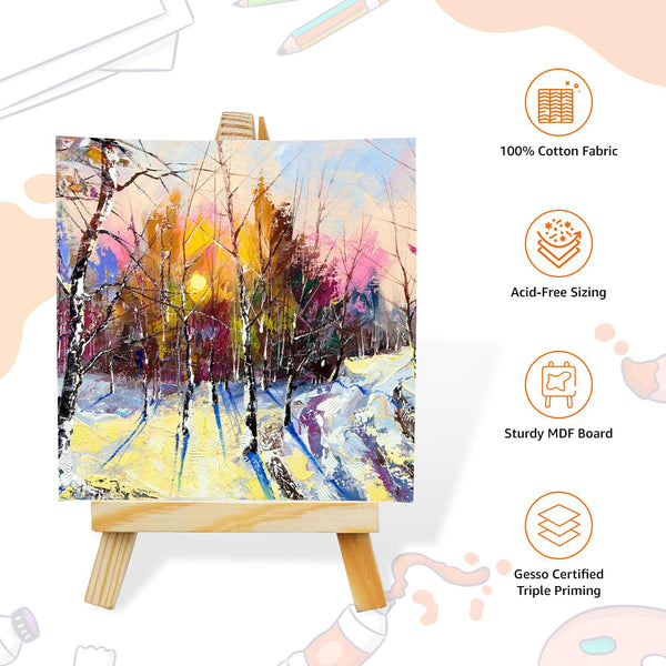 Mini Wooden Display Easel Tripod Stand and Canvas Panels (4x4 inches) | Acid-Free | MDF Board | Anti-Fungal | for Oil & Acrylic Painting (Set of 5)