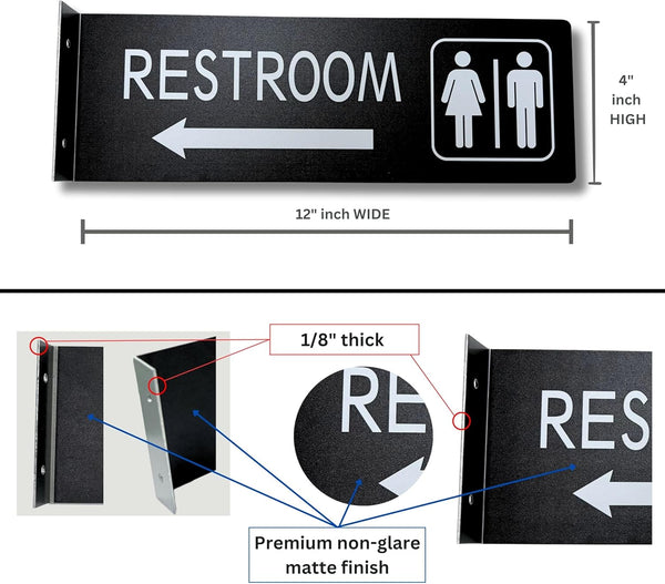 Restroom Sign for Business, Thick Aluminum, Double Sided Hallway Bathroom Sign with Screws, Laser Engraved UV Printed, 4x12 Inches