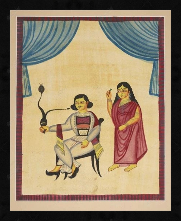 A large Kalighat painting of a gentleman smoking with attendant