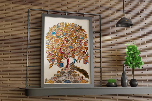 Vintage Kalamkari Tree of Life with Peacock, Traditional Indian Folk Arts