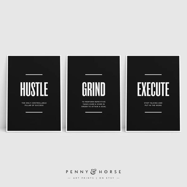 Hustle Grind Execute Print Set, Motivational Office Decor, Inspirational Poster Wall Art