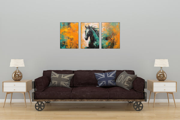 Triptych-flower-horse-feather-geometry-gold-element-three-figure