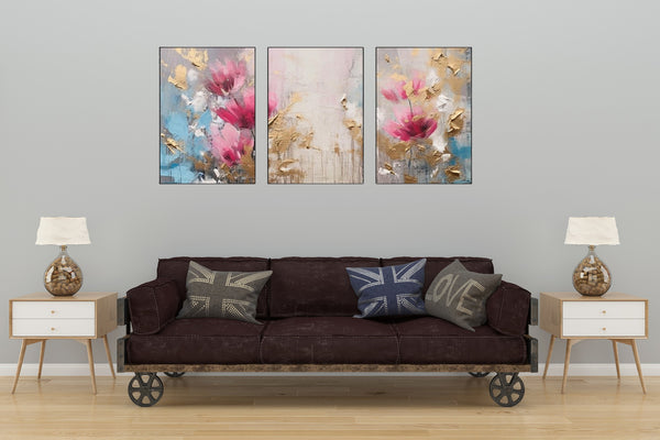 Triptych-flower-horse-feather-geometry-gold-element-three-figure