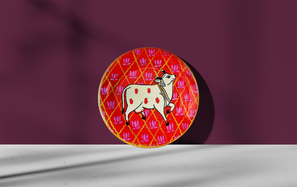Orange & White Traditional Cow Hand-painted Wall Plate