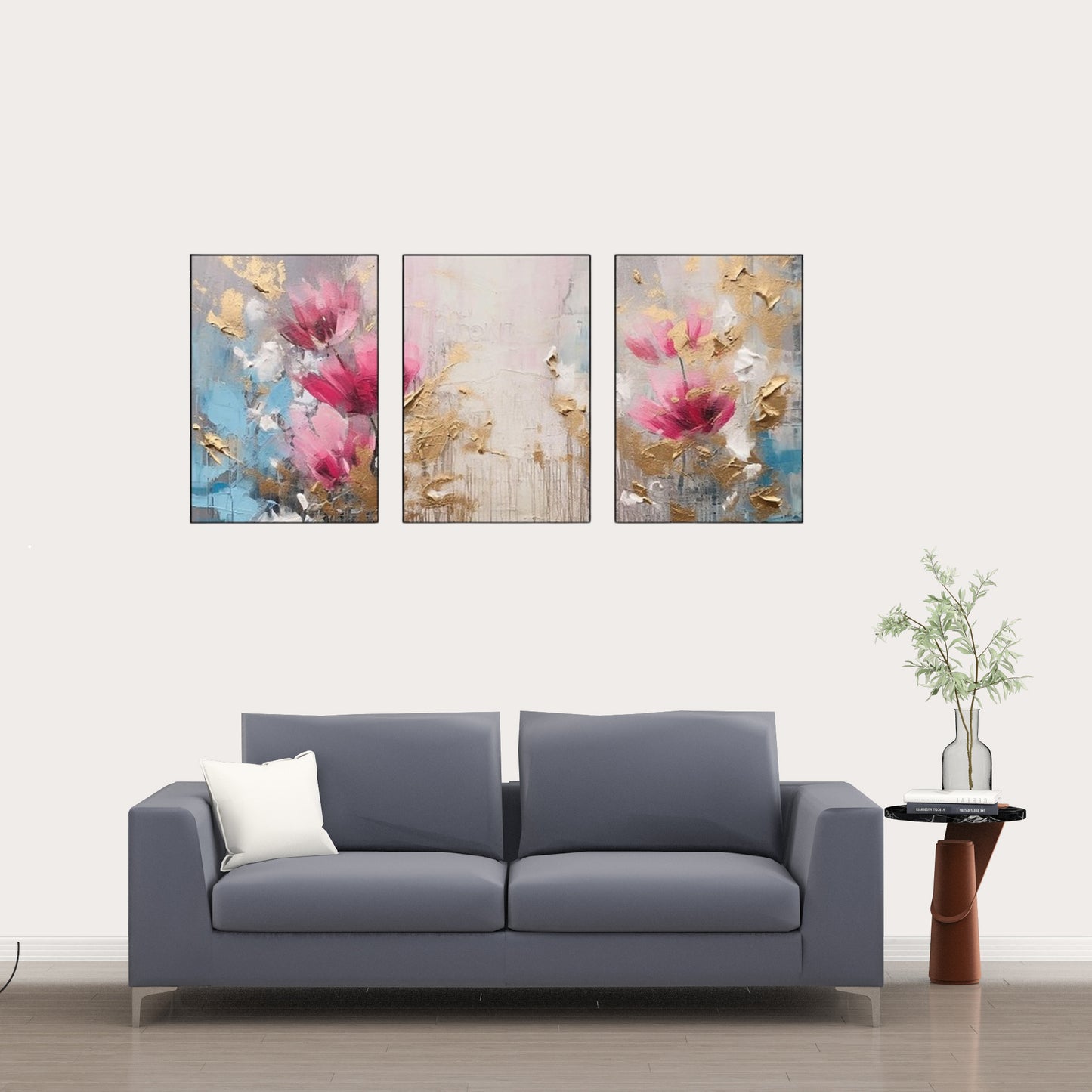 Triptych-flower-horse-feather-geometry-gold-element-three-figure