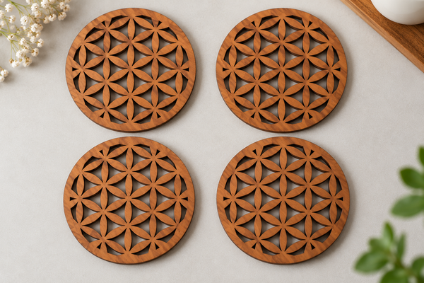 GeoBloom Pure Wood Coasters – Laser Cut Floral Design | Set of 4