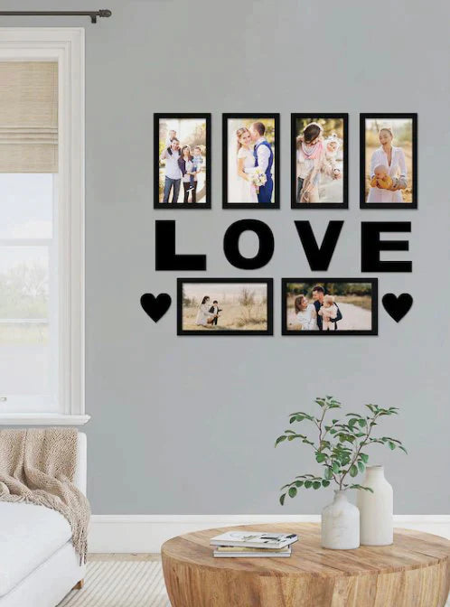 Black Set Of 6 Solid Wall Photo Frames With Love & Heart Plaque