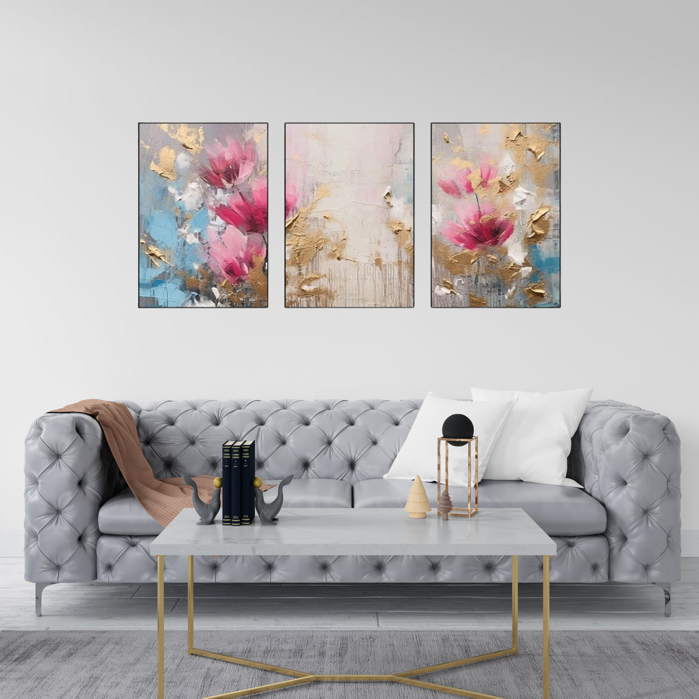 Triptych-flower-horse-feather-geometry-gold-element-three-figure