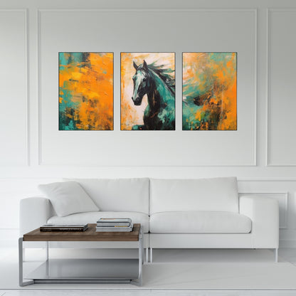 Triptych-flower-horse-feather-geometry-gold-element-three-figure