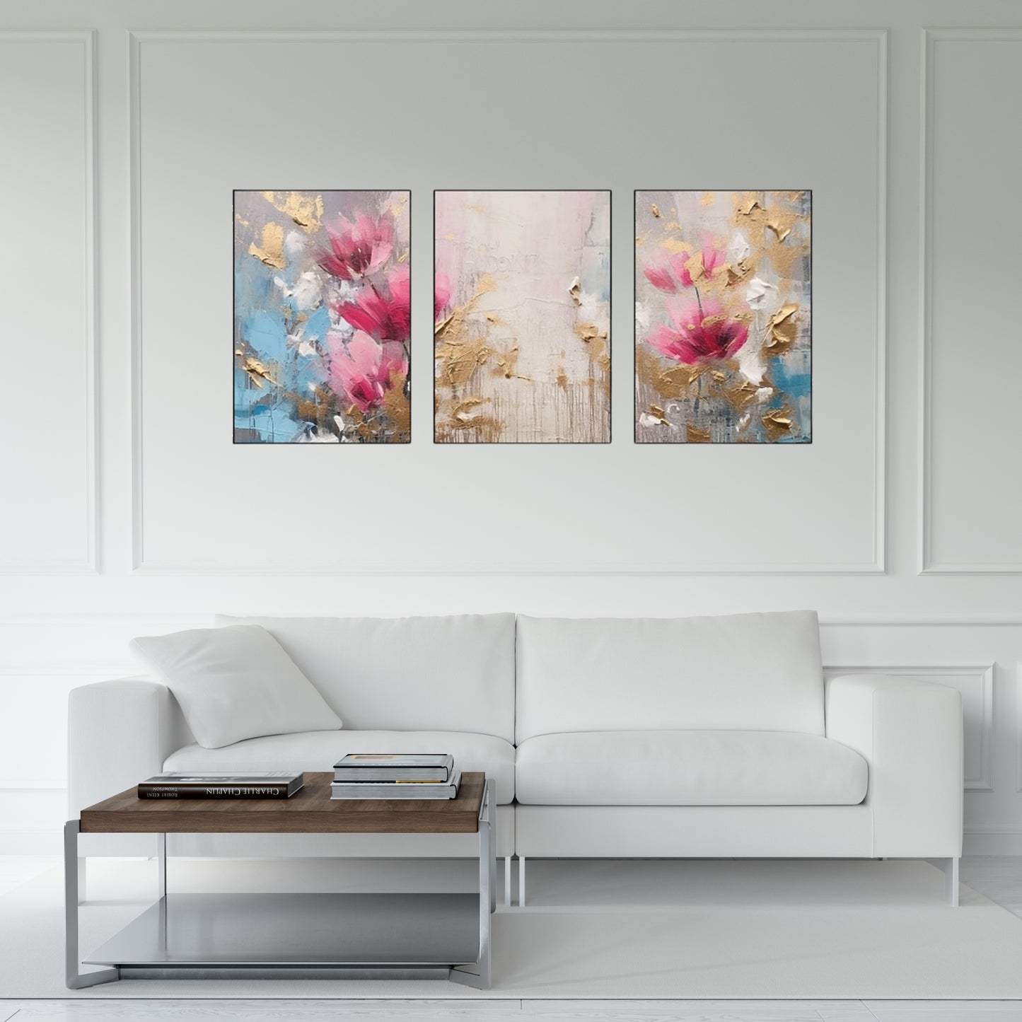 Triptych-flower-horse-feather-geometry-gold-element-three-figure