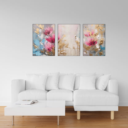 Triptych-flower-horse-feather-geometry-gold-element-three-figure