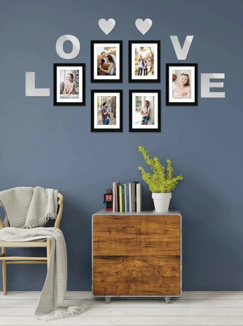 Set Of 6 Black Solid Wall Photo Frames With Love & Heart Plaque