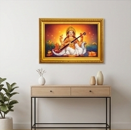 Premium Golden Framed Goddess Saraswati Wall Art for Home Decor