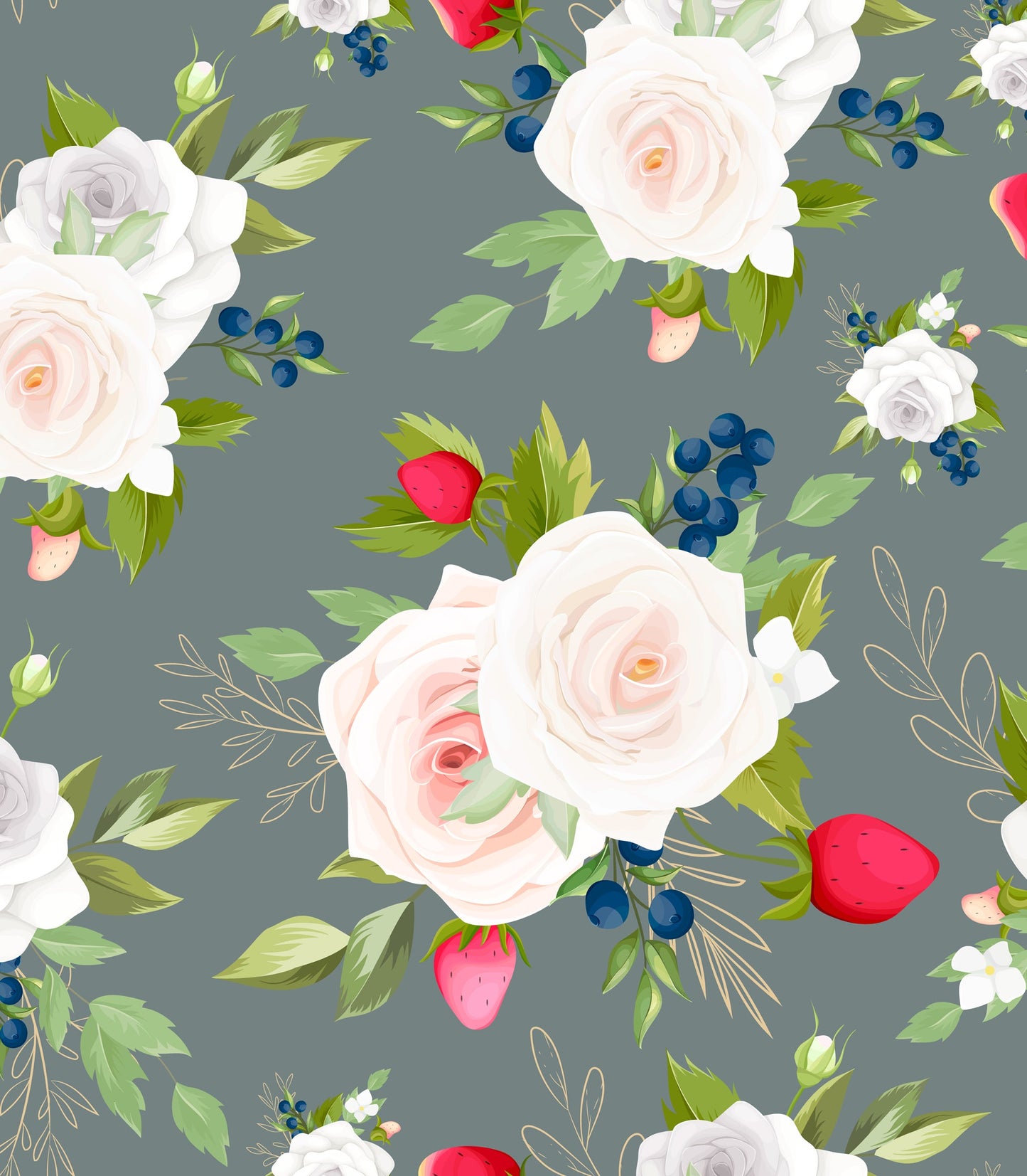 beautiful hand drawing roses flower strawberry fruit seamless pattern