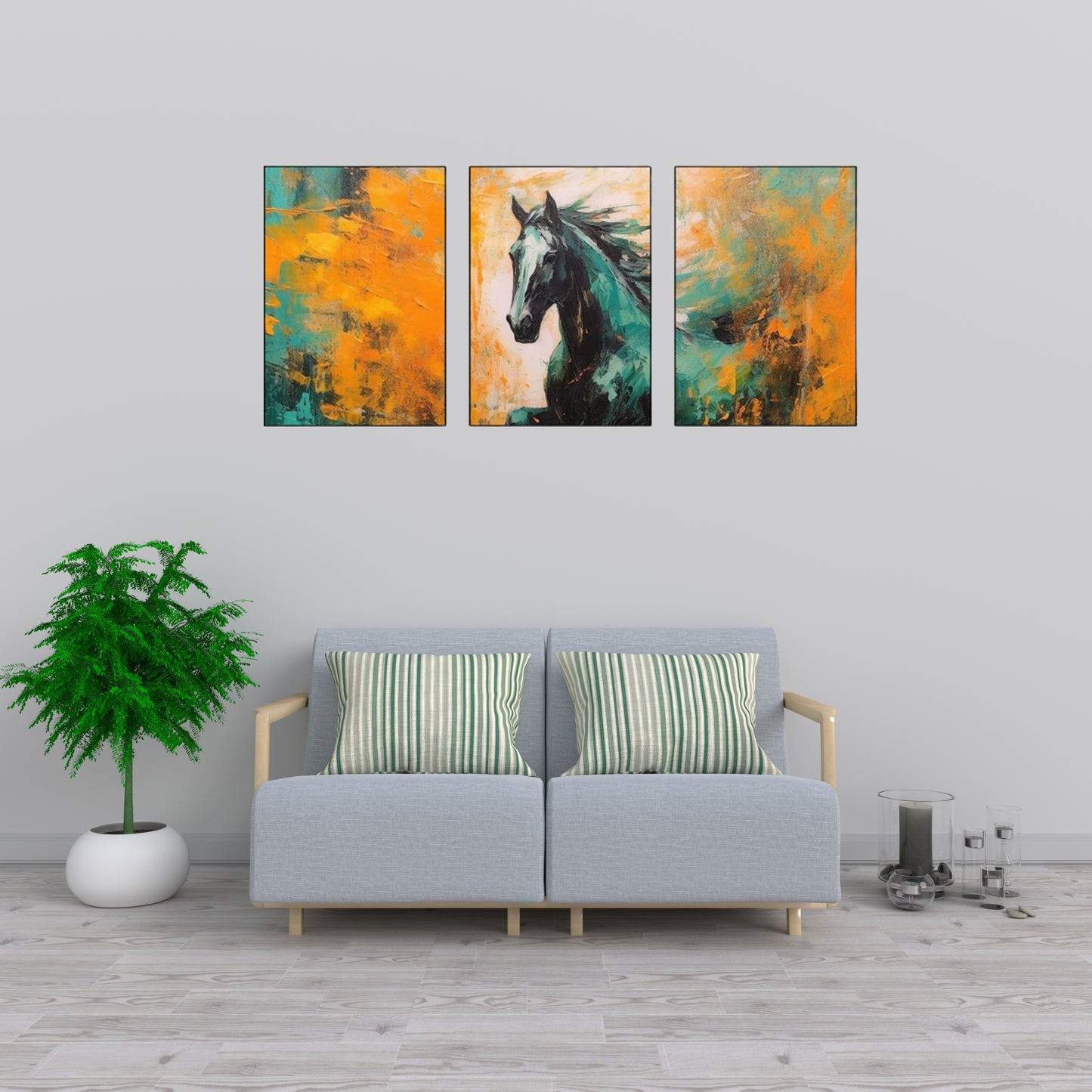 Triptych-flower-horse-feather-geometry-gold-element-three-figure