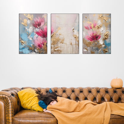 Triptych-flower-horse-feather-geometry-gold-element-three-figure