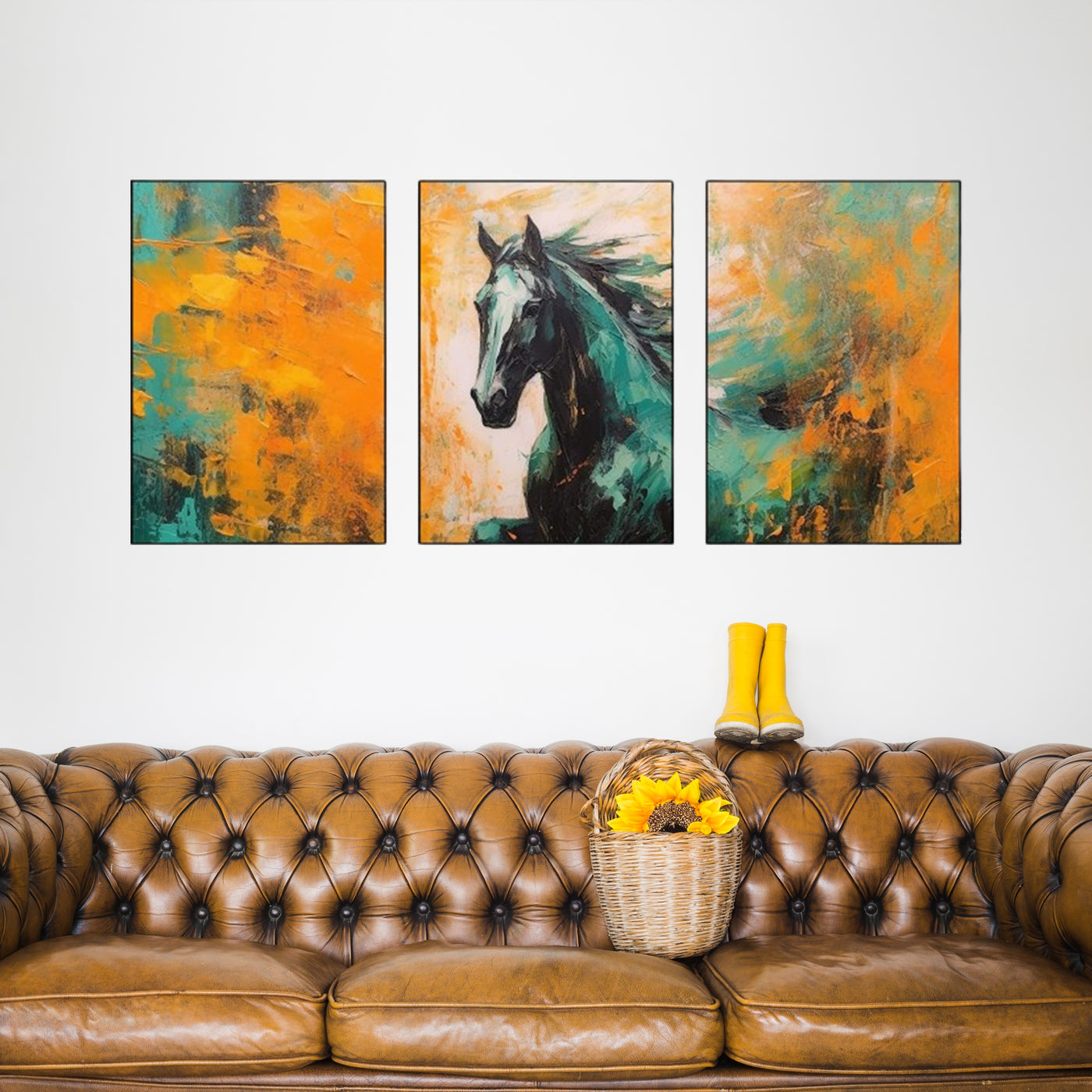 Triptych-flower-horse-feather-geometry-gold-element-three-figure