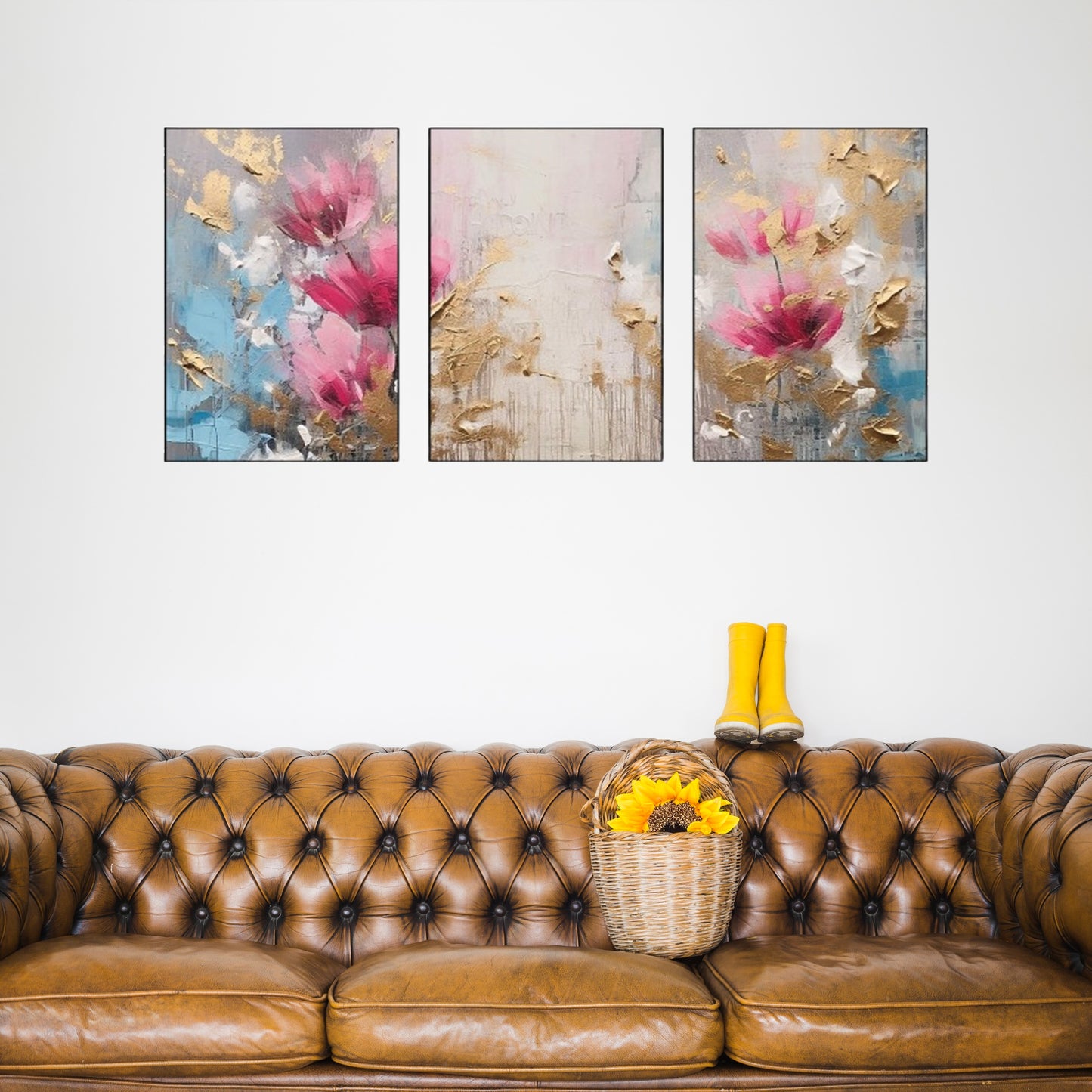 Triptych-flower-horse-feather-geometry-gold-element-three-figure