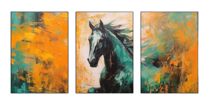 Triptych-flower-horse-feather-geometry-gold-element-three-figure