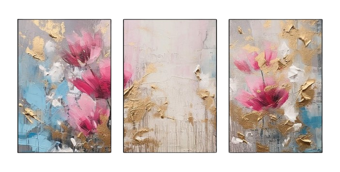 Triptych-flower-horse-feather-geometry-gold-element-three-figure