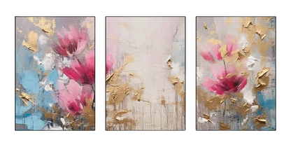 Triptych-flower-horse-feather-geometry-gold-element-three-figure