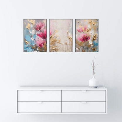 Triptych-flower-horse-feather-geometry-gold-element-three-figure