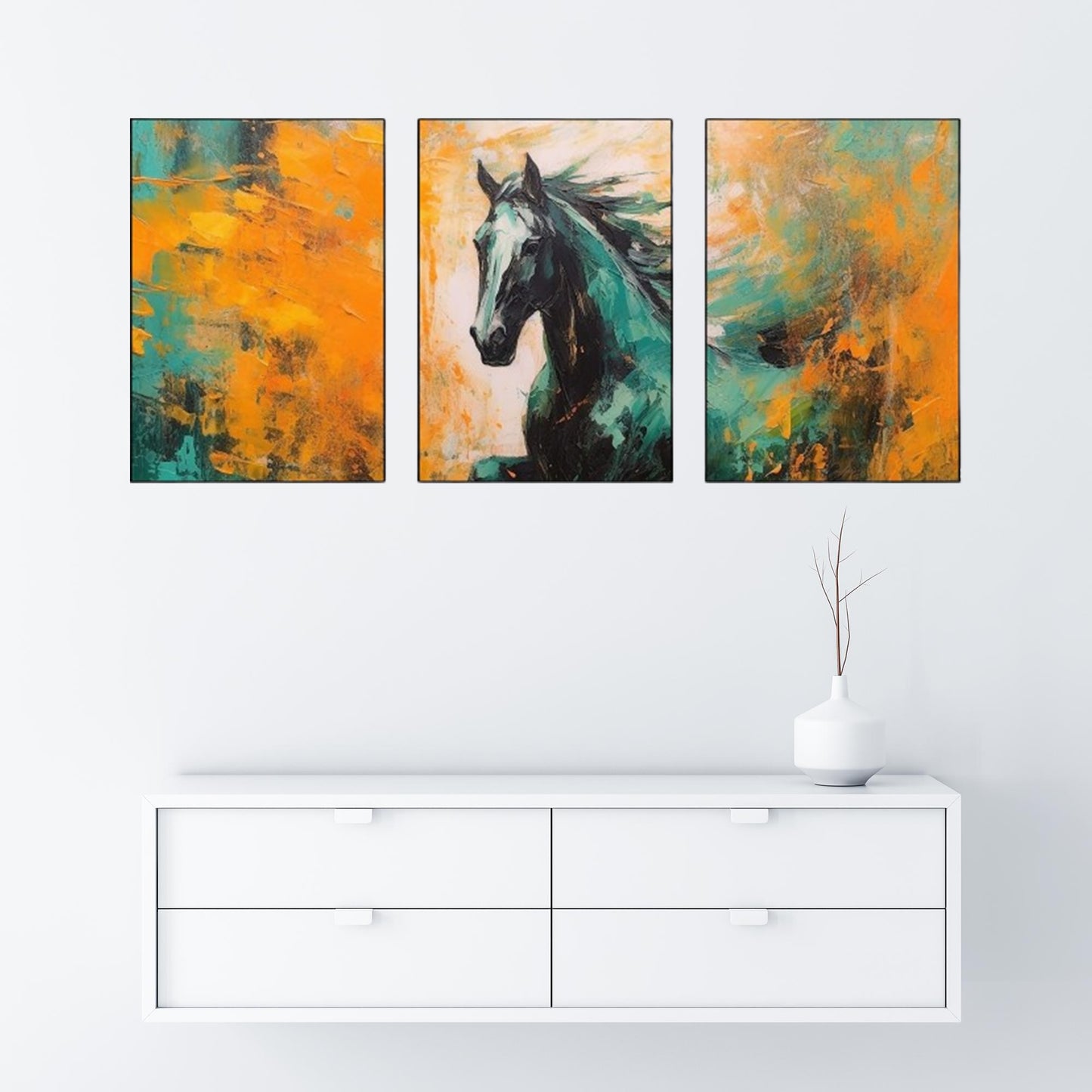 Triptych-flower-horse-feather-geometry-gold-element-three-figure